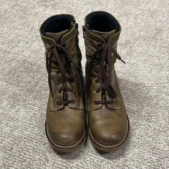 Dromedaris Kara Boots Womens 39 US 8.5 9 Suede Combat Heel Brown Green Leather - Picture 3 of 10